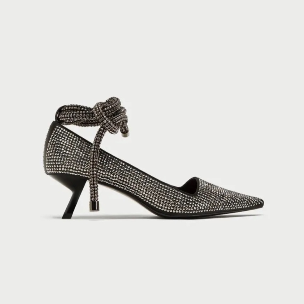 ZARA NEW GEM RHINESTONE BLACK GRAY SILVER POINTED BOW TIE ANKLE KITTEN HEELS 6